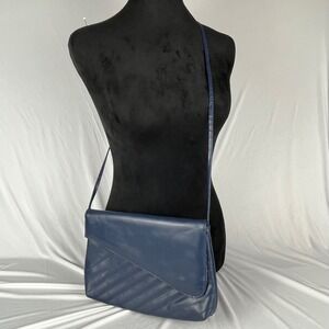 Vtg 80s Navy Blue Leather Flap Over Shoulder Bag Quilted Strips Crossbody Purse